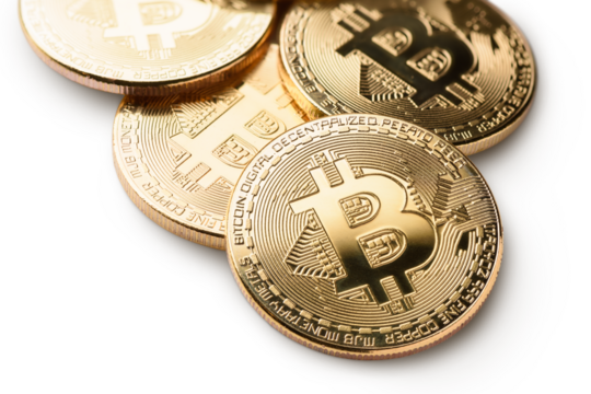 Macro shot of crypto currency gold Bitcoin coins. Isolated on white background