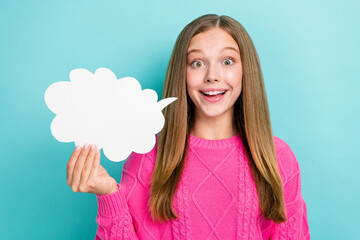 Closeup photo of excited girl hold paper bubble white cloud surprised reaction joke comic empty...