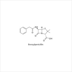 Benzylpenicillin flat skeletal molecular structure Penicillin  drug used in bacterial infection treatment. Vector illustration.
