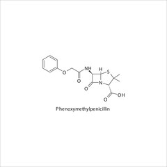 Phenoxymethylpenicillin flat skeletal molecular structure Penicillin  drug used in bacterial infection treatment. Vector illustration.