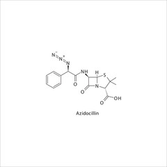 Azidocillin  flat skeletal molecular structure Penicillin  drug used in bacterial infection treatment. Vector illustration.