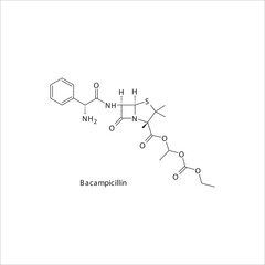 Bacampicillin flat skeletal molecular structure Penicillin  drug used in bacterial infection treatment. Vector illustration.