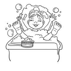 Kid bathing - african american girl in a soap bubbles from bath foam. Cartoon black vector lineart illustration. Design for children coloring page, books, bath cosmetics.