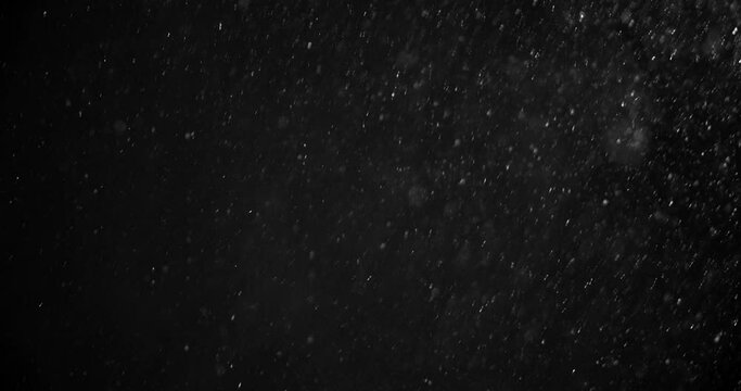 Snow falling against the black night sky with the light on the right side. Perfect for digital composition, post-production, Isolated snow background
