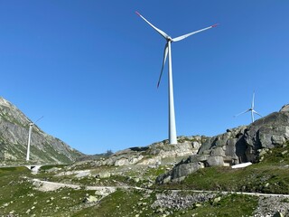 Fototapeta na wymiar Gotthard wind farm or Windpark St. Gotthard in the alpine mountainous area of the Gotthard Pass (Gotthardpass), Airolo - Canton of Ticino (Tessin), Switzerland (Schweiz)