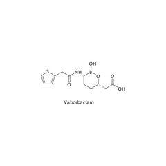Vaborbactam  flat skeletal molecular structure β-lactamase inhibitor drug used in bacterial infection treatment. Vector illustration.