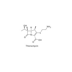 Thienamycin  flat skeletal molecular structure Carbapenem drug used in bacterial infection treatment. Vector illustration.