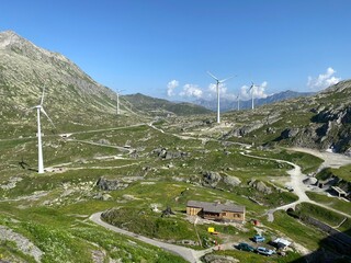 Gotthard wind farm or Windpark St. Gotthard in the alpine mountainous area of the Gotthard Pass...