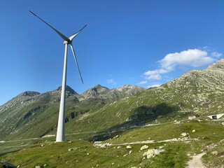 Gotthard wind farm or Windpark St. Gotthard in the alpine mountainous area of the Gotthard Pass (Gotthardpass), Airolo - Canton of Ticino (Tessin), Switzerland (Schweiz)