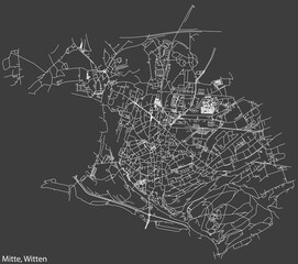 Detailed negative navigation white lines urban street roads map of the MITTE MUNICIPALITY of the German regional capital city of Witten, Germany on dark gray background
