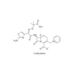 Ceftazidime flat skeletal molecular structure 3rd generation Cephalosporin drug used in bacterial infection treatment. Vector illustration.