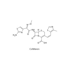 Cefditoren  flat skeletal molecular structure 3rd generation Cephalosporin drug used in bacterial infection treatment. Vector illustration.