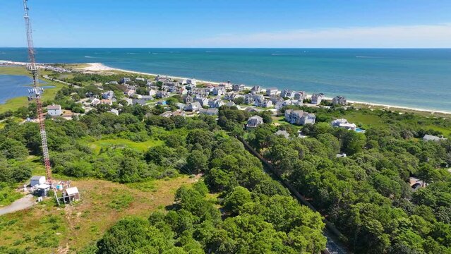 Seagull Beach aerial view in summer in West Yarmouth, Cape Cod, Massachusetts MA, USA. 