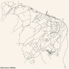 Detailed navigation black lines urban street roads map of the BOMMERN MUNICIPALITY of the German regional capital city of Witten, Germany on vintage beige background