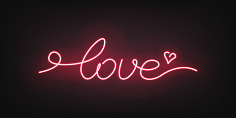 Love neon, gloving romance lettering. Neon nightlife on Valentine day. Romantic holiday party glowing design element.