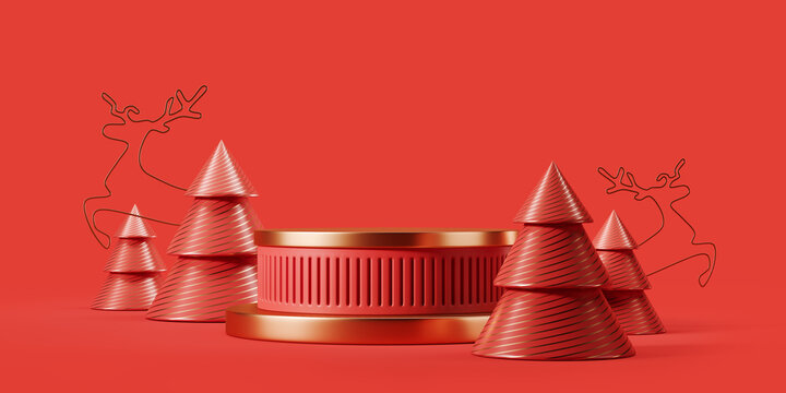 Vacant red cylindrical podium with a christmas tree and golden deers. Mock up. 3d rendering
