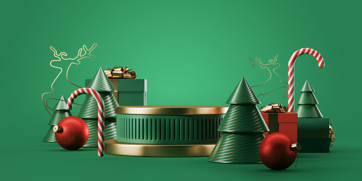 Empty green round podium with a christmas decorations. Christmas tree, candy cane and red balls. Mock up. 3d rendering