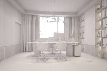 Fototapeta na wymiar White room as office with desk and laptop computer, 3D Rendering.