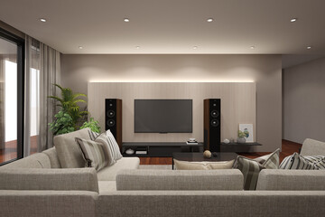 Contemporary living room in light colors with low ceilings and trendy contemporary furnishings. 3d rendering.