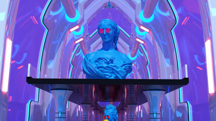 3d render bust of a woman on stage on a bright light bridge