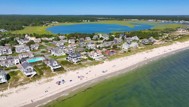 Sea Gull Beach Lighthouse aerial view at Great Island next to Seagull Beach, West Yarmouth, Cape Cod, Massachusetts MA, USA. 