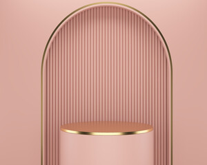 Set of pink and gold realistic 3d cylinder stand podium in arch window. abstract studio room with geometric platform. Minimal wall scene for products showcase, Promotion display.