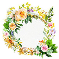 event or wedding decorative white flowers and roses circular wreath, digital illustration with matte painting drawing