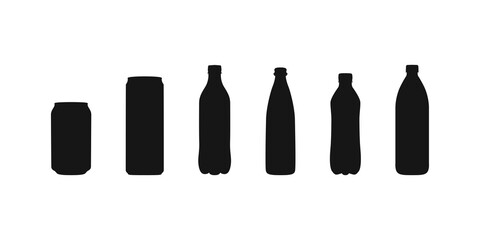 Bottle of water, vector can of soda icon set. Plastic and aluminum bottled beverage symbol. Water, beer, soda and juice silhouette.