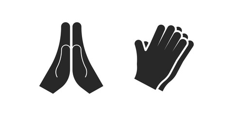Prayer black icon, hands folded together vector gesture. Pray symbol spiritual religious logo.
