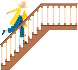 Young business woman running up stairs. Happy feminist climbing career ladder isolated person. Girl steps up stairs to successful point, run to her goal on apex. Business concept, way to big time