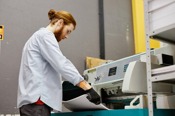 Side view portrait of young man checking quality of bulk prints in industrial printshop, copy space
