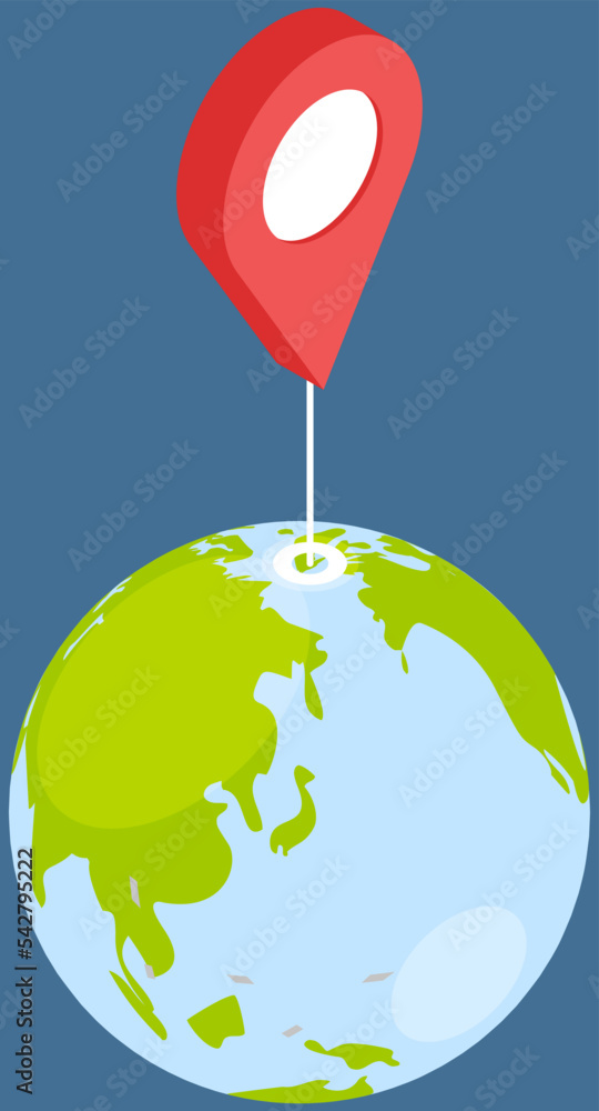 Poster cartoon planet earth with red pointer vector illustration. traveling or gps navigation, orientation 