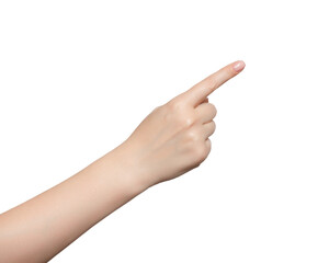 Woman hand with the index finger pointing, isolated