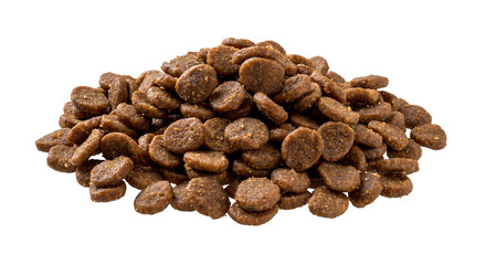 Pile of dry pet food cutout. Heap of grain free dry protein kibbles for cats isolated on a white...