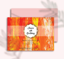 a modern wedding invitation template with orange abstract painting background	