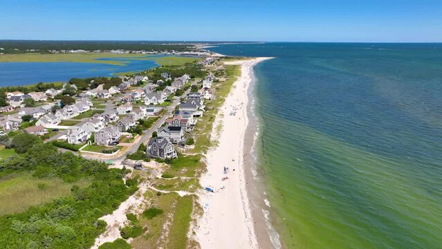 Seagull Beach aerial view in summer in West Yarmouth, Cape Cod, Massachusetts MA, USA. 