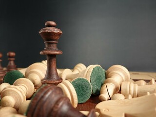 The black queen is standing on the chessboard, and the other pieces are lying. The concept of...