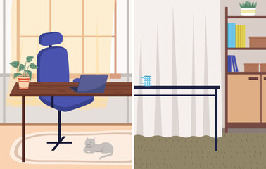 Organization workplace of employee. Design of worspace room, space for working in office. Arrangement of furniture table with computer and chair in interior. Place for working with technology at home