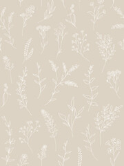 Fototapeta premium Seamless floral pattern. Botanical clip art. Wildflowers wreath skethc.Vector Line drawn leaves and branches.Vector flowers.