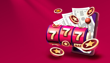 Casino slots machine winner, online games phone, 777 win banner. Vector