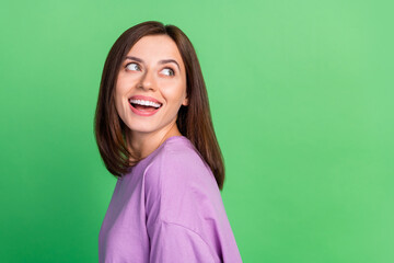 Fototapeta premium Photo of lovely lady with shiny hollywood smile look empty space dental care banner isolated on green color background