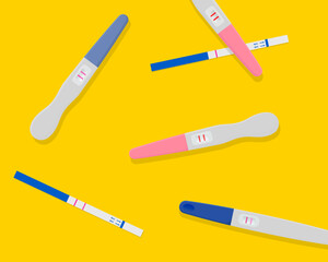 Pregnancy test. Many pregnancy tests and test strips on a yellow background. Two strips, positive result. Vector illustration.
