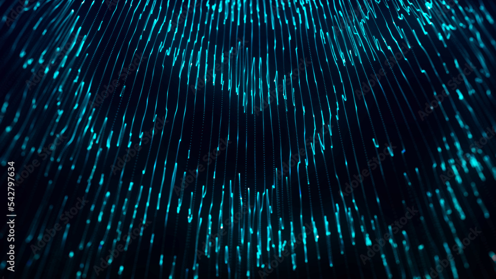 Poster Dynamic wave of glowing particles. Data flow information. Concept of digital communication. Big data visualization. 3D rendering.