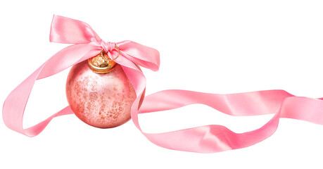 PNG.  Pink mother-of-pearl Christmas ball with pink satin bow isolated on white background