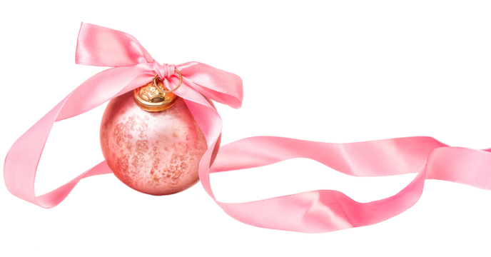 PNG.  Pink mother-of-pearl Christmas ball with pink satin bow isolated on white background