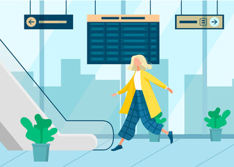 Woman on escalators in mall. Moving staircase, automatic ladder carrying visitors up and down. Elevator stairs in shopping center. Girl rushing to work in business center. Passenger goes to airport