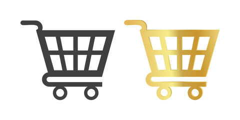 Vector icon of golden shopping cart. Vector illustration of golden shopping basket. On line shop.