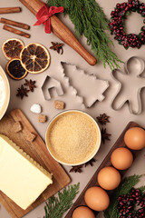 Christmas cookie baking background. Festive cooking, xmas homemade biscuits, recipes for holidays concept