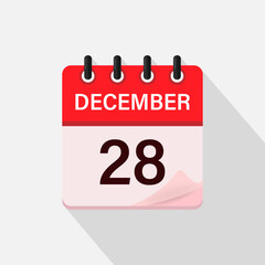 December 28, Calendar icon with shadow. Day, month. Flat vector illustration.