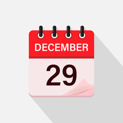 December 29, Calendar icon with shadow. Day, month. Flat vector illustration.